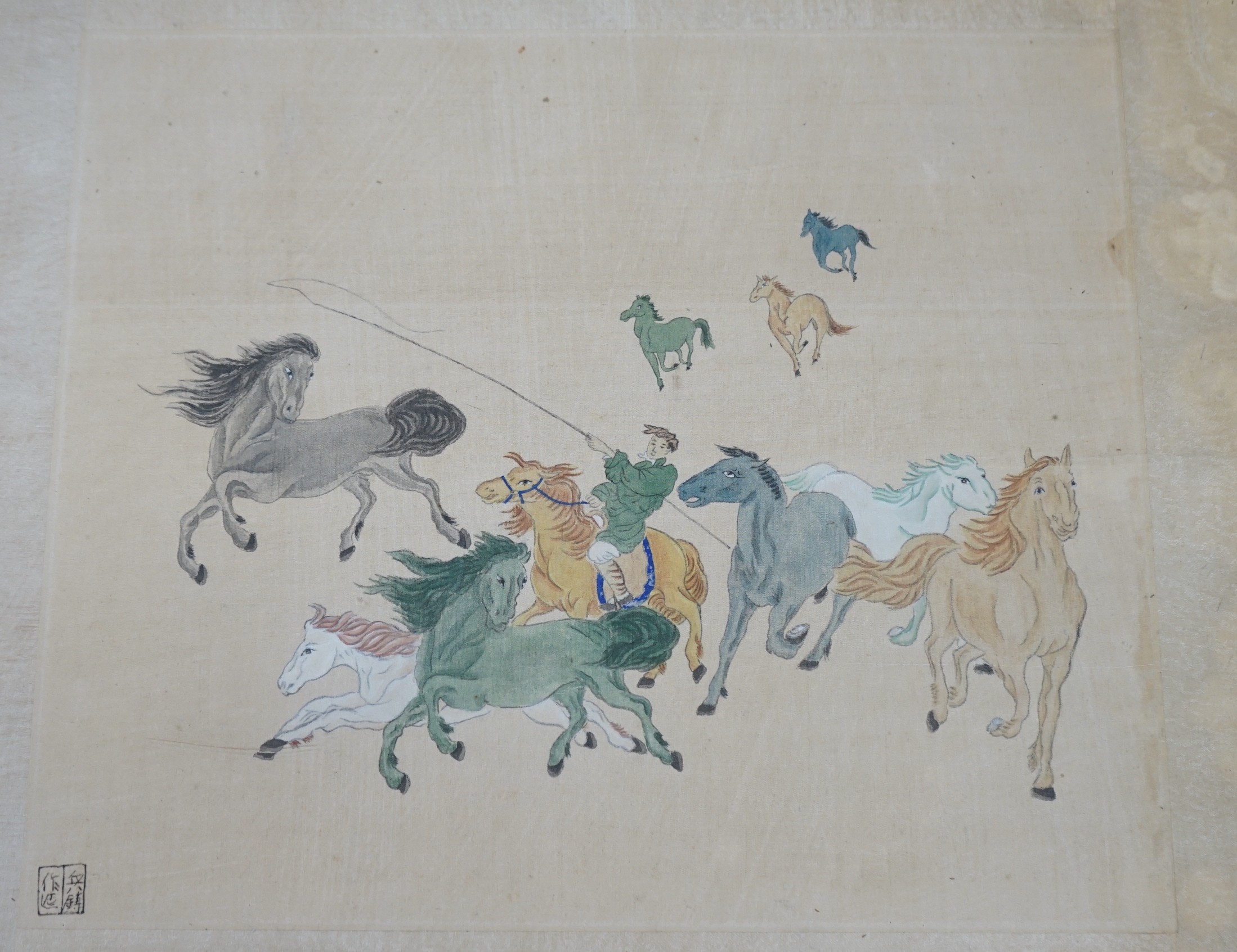 Chinese School, print and watercolour on silk, Horses and rider, 30 x 35cm